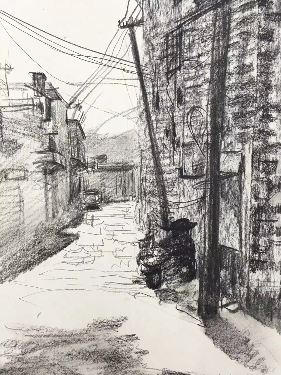 朱建路老師素描場(chǎng)景空曠小巷作品賞析