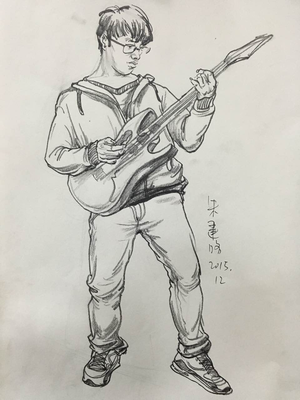 朱建路老師人物速寫(xiě)吉他男孩范畫(huà)賞析