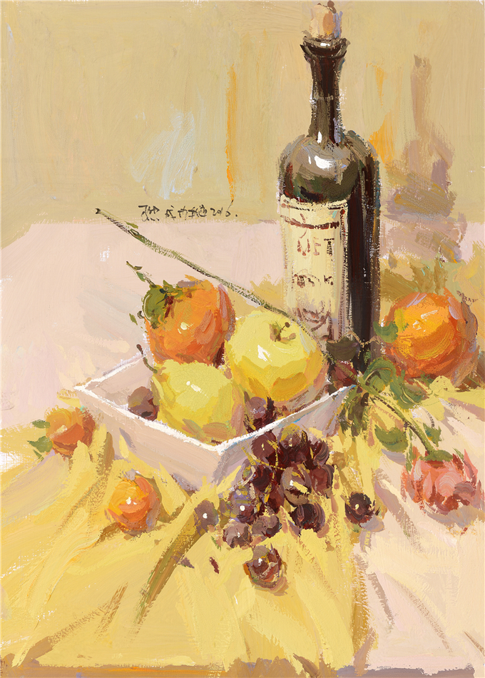 色彩靜物紅酒果盤范畫賞析