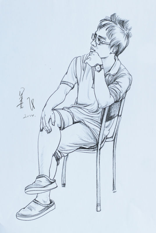 人物素描坐姿仰視青年范畫賞析
