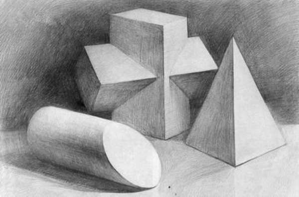 素描幾何體組合教程:十字架、圓柱切面、錐體組合